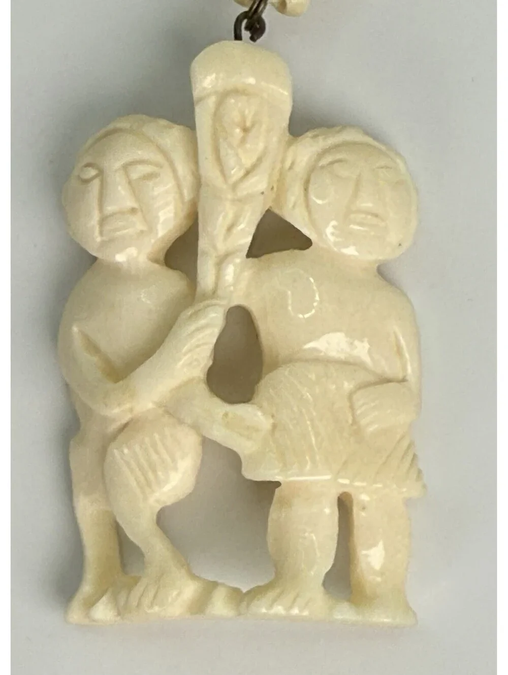 Vintage Hand Carved Tribal Figural Pendant Necklace Beaded Ethnic Folk Art